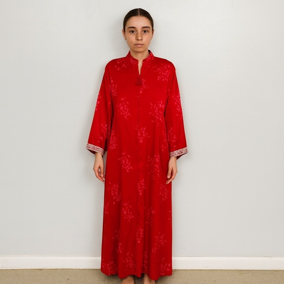 Vintage Natori Saks Fifth Avenue Robe Womens One Size Red Floral Duster Kimono - Picture 1 of 9